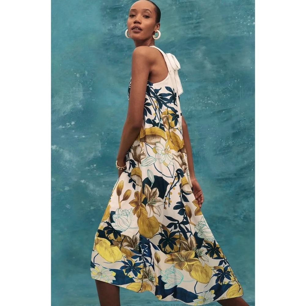 Chicos Floral Sleeveless Tie Back High Low Midi Dress White Yellow Navy Size 8